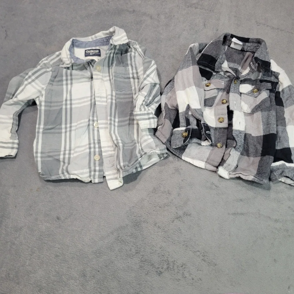 OshKosh Healthtex Plaid Shirt Boys 18M Grey Black Flannel Button Down Bundle 2pc